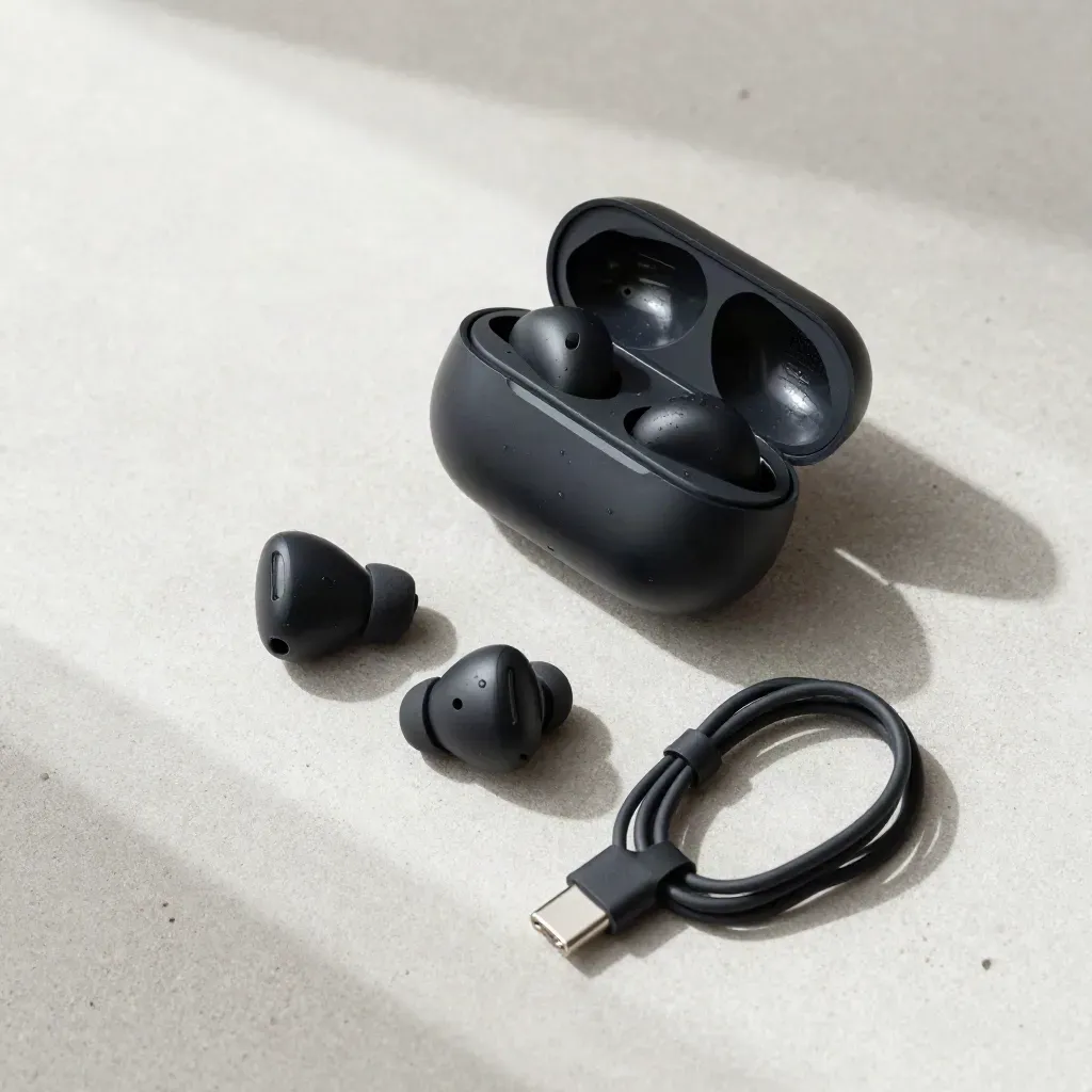 Auricolari Bluetooth neri con custodia aperta, gommini e cavo su cemento chiaro.