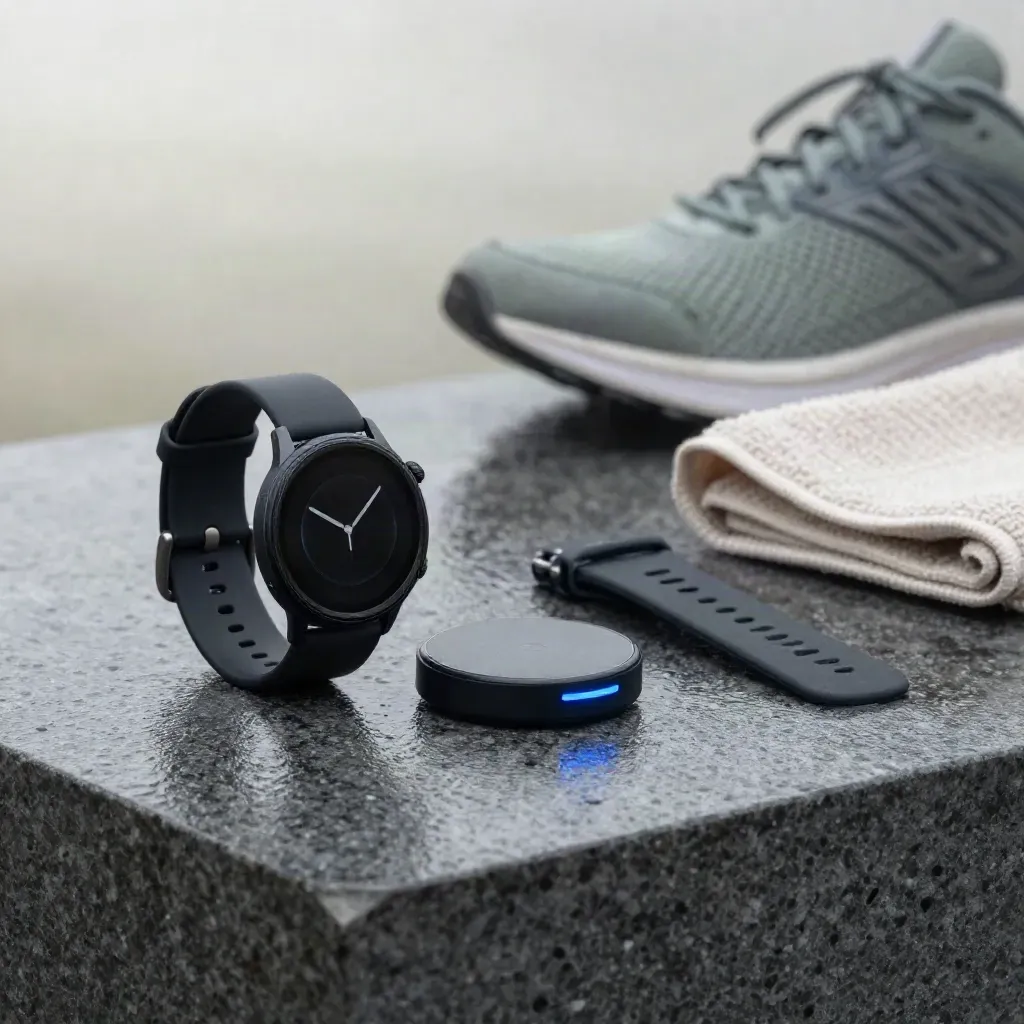 Smartwatch sportivo con base di ricarica, asciugamano e scarpa da running su pietra bagnata