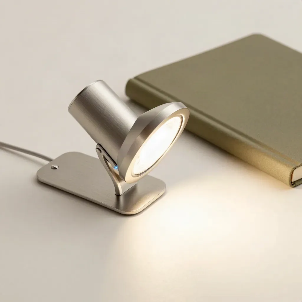Lampada LED pieghevole in metallo chiaro accesa su piano studio, notebook chiuso accanto.