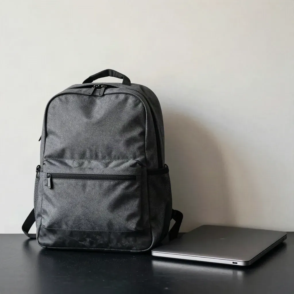 Zaino tecnico grafite con pouch e laptop, su pavimento nero davanti a parete chiara
