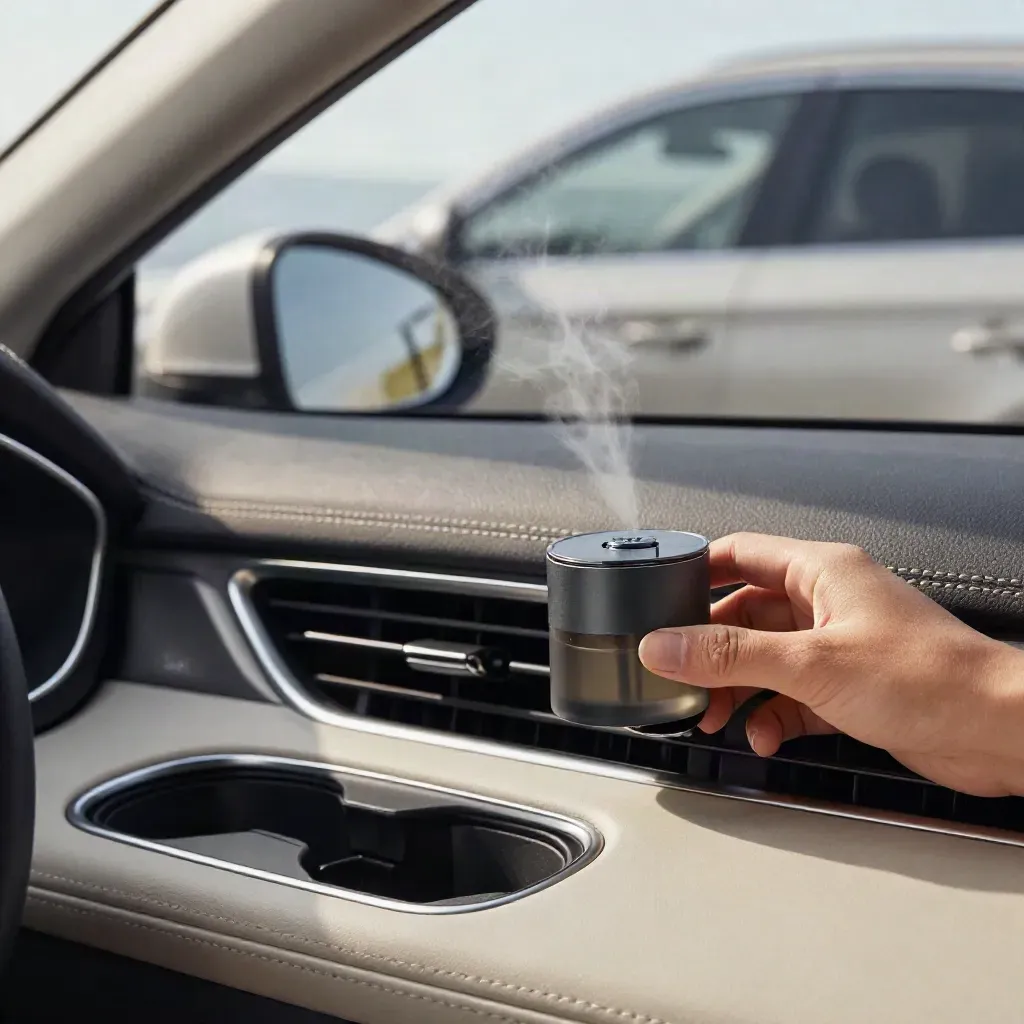 Profumatore auto a clip sulla bocchetta, interno neutro con luce morbida