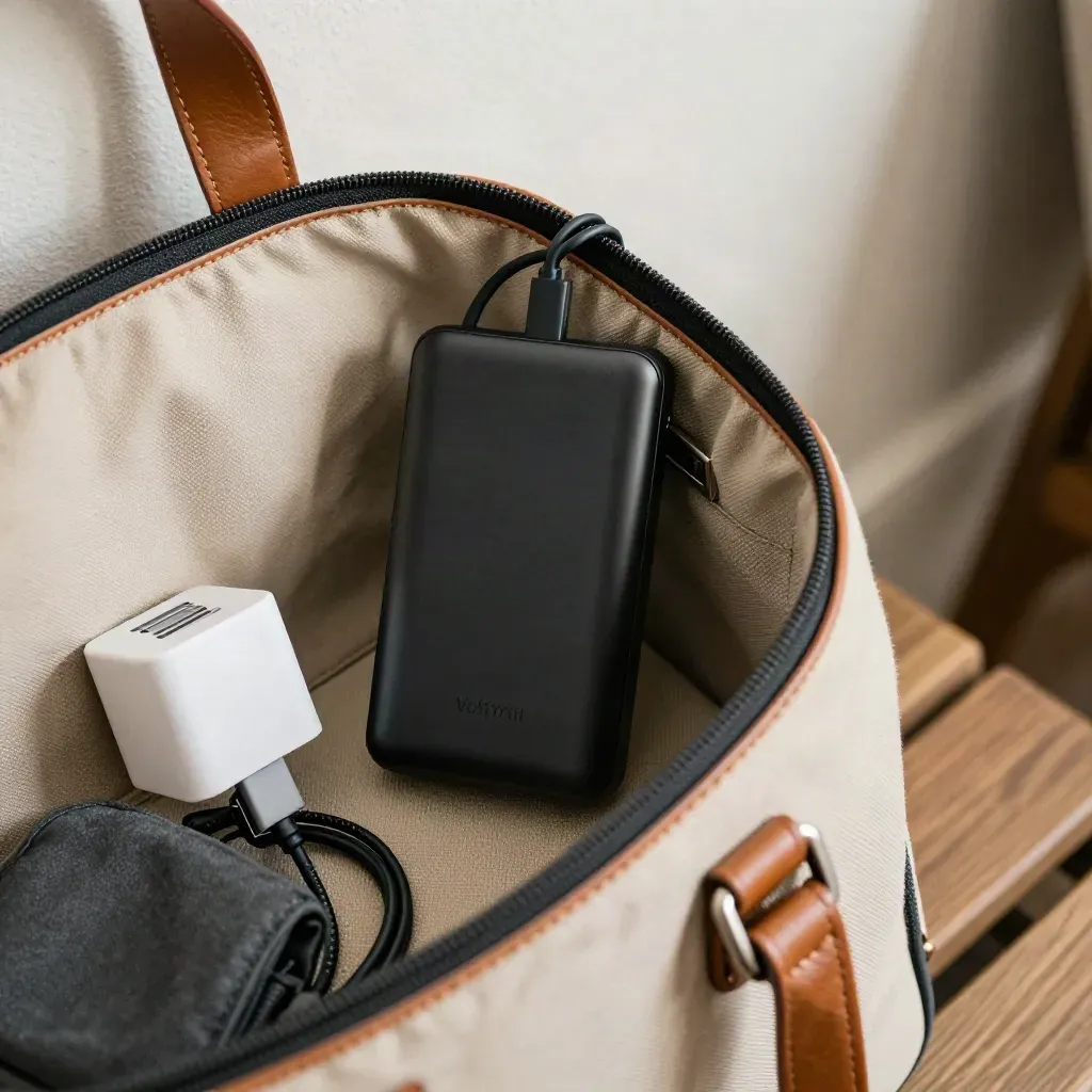 Power bank nero in borsa aperta con cavo USB-C bianco e accessori da viaggio