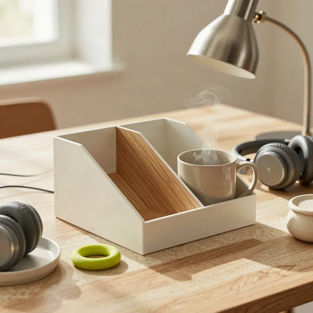 Organizer, tazza, lampada e cuffie su tavolo in travertino, luce naturale morbida.