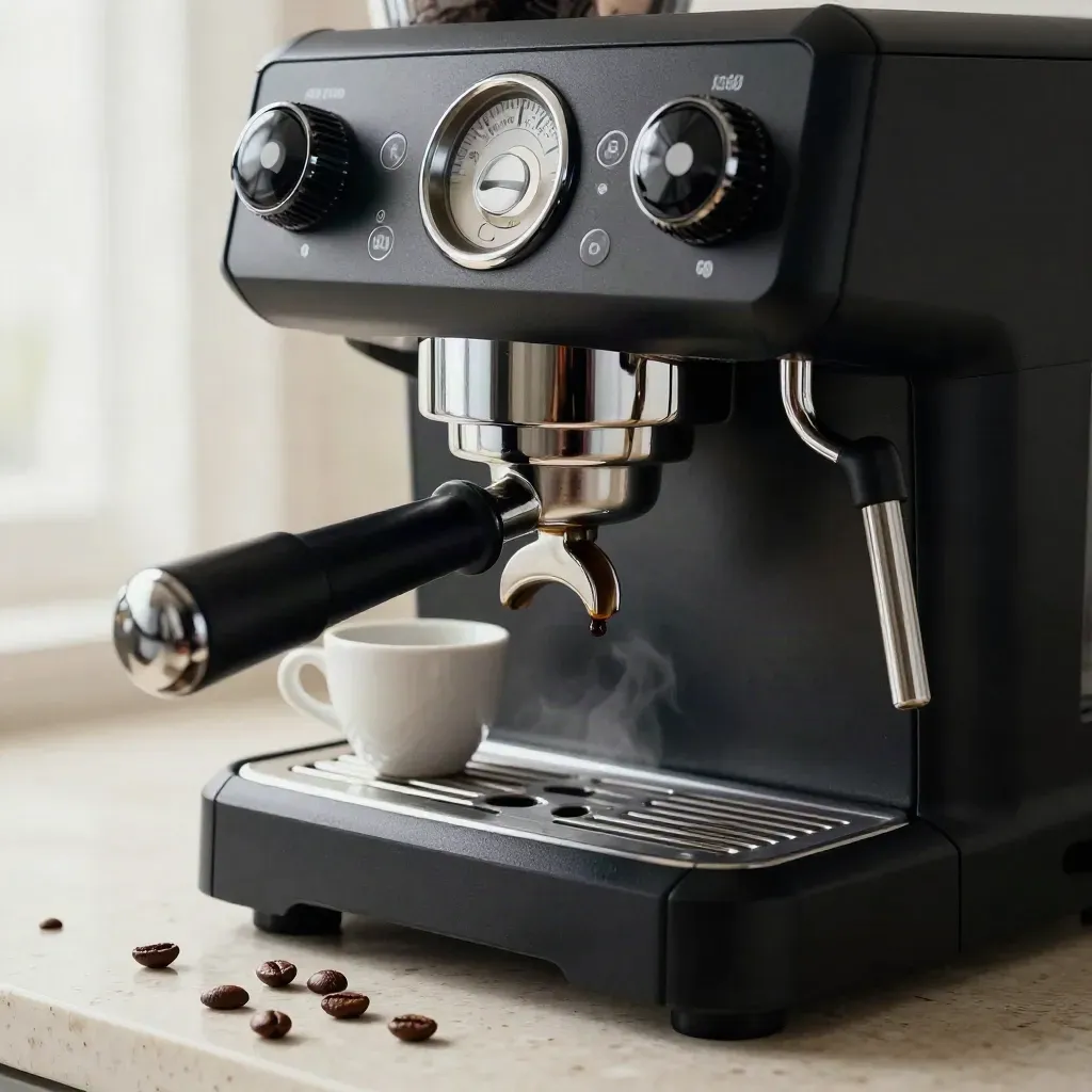 Macchina da caffè nera opaca con tazzine, chicchi e vapore su travertino.