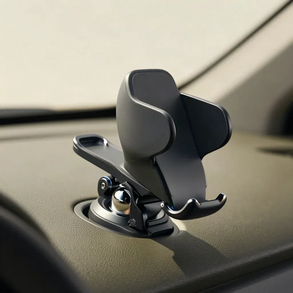 Supporto auto per telefono in macro, con pinza aperta e base in silicone, dentro un’auto sfocata.