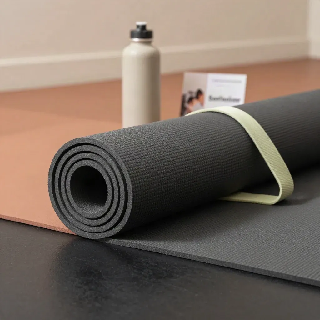 Tappetino yoga arrotolato con cinghia e borraccia su pavimento da studio, luce radente.