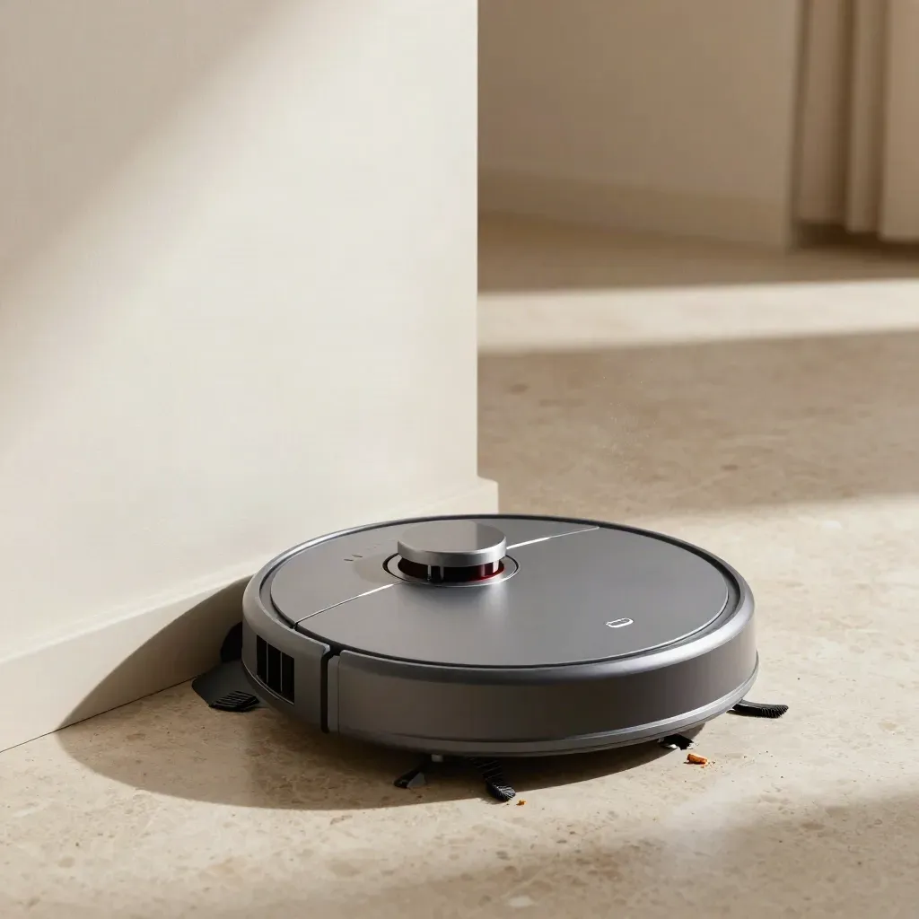 Robot aspirapolvere grafite che esce dalla dock su pavimento chiaro, con polvere in controluce.
