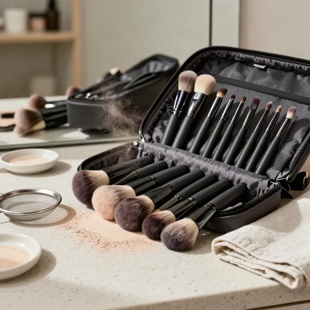 Set di pennelli trucco aperto su una superficie in travertino con polvere leggera nell’aria.