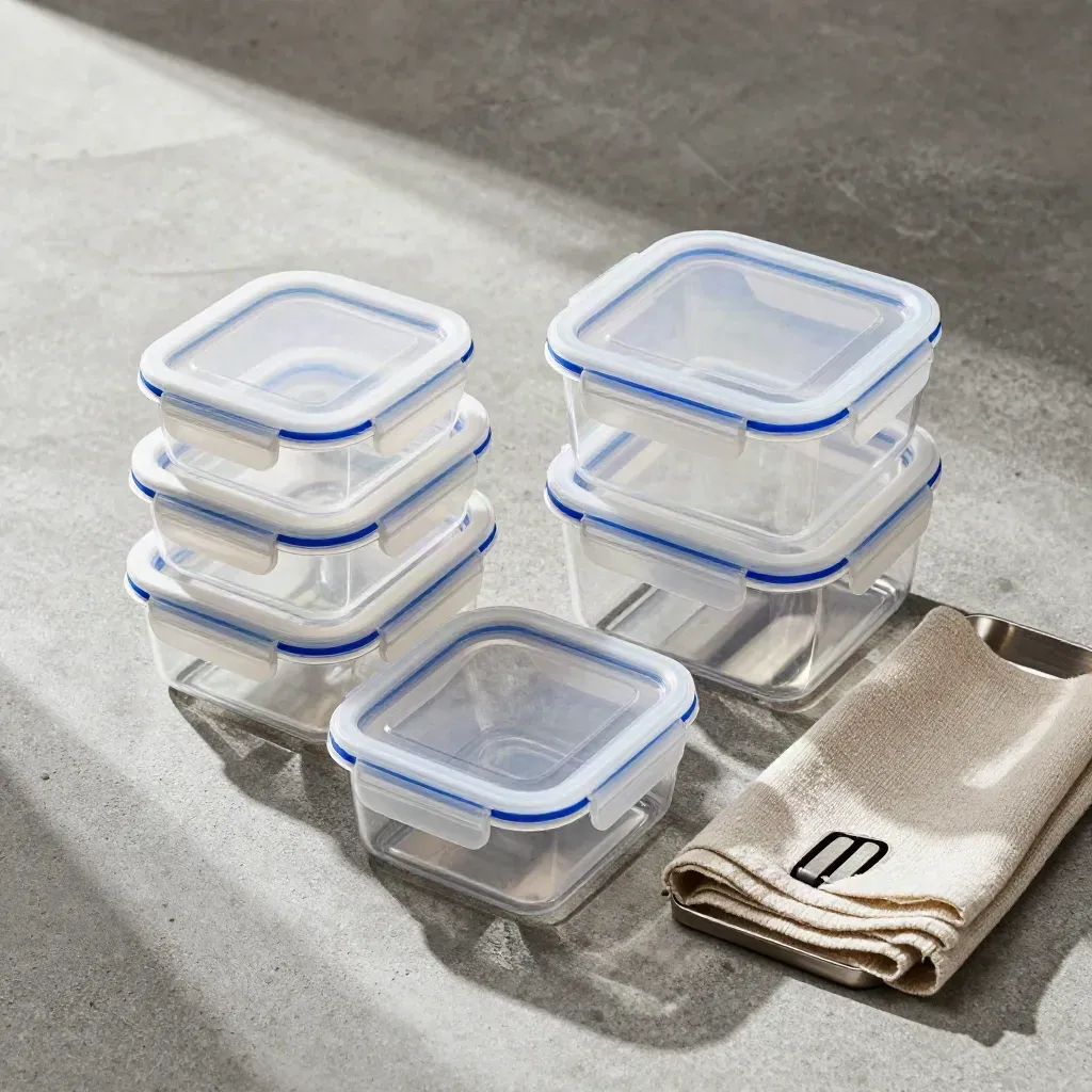 Contenitori frigo trasparenti impilati su cemento chiaro, con coperchi chiusi e un accento blu.