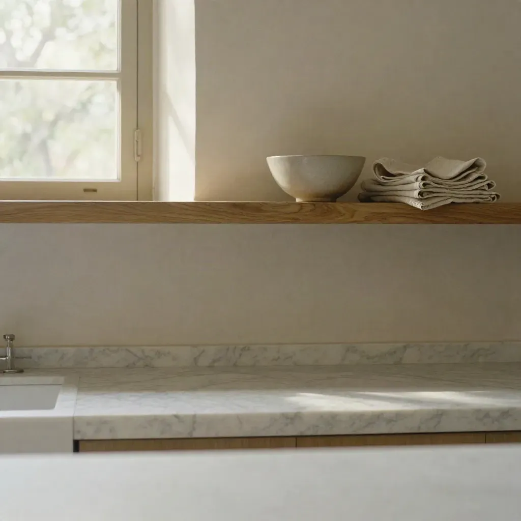 Angolo cucina toscano con marmo chiaro, mensola in legno e ciotola ceramica in luce mattutina