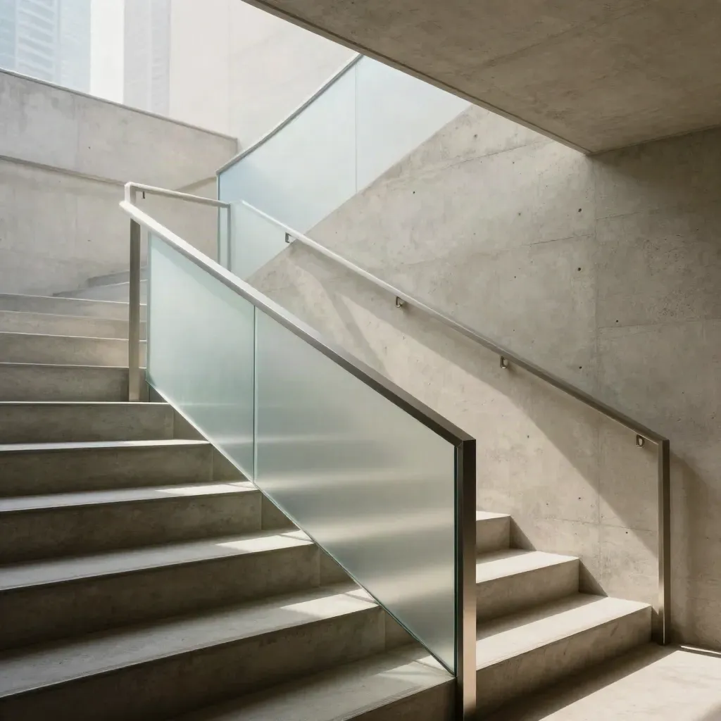 Scala moderna in cemento chiaro con corrimano metallico e vetro satinato, luce pomeridiana.